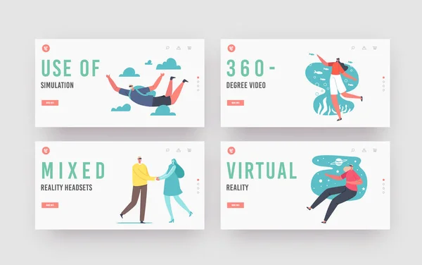 Karakters Gebruik Vr-brillen voor Virtual and Augmented Reality Experience Landing Page Template Set. Mannen Vrouwen in brillen — Stockvector