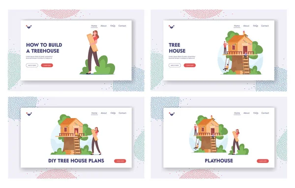 Playhouse Landing Page Template Set. Edificio familiar feliz Treehouse todos juntos. Madre, padre e hijos alegres — Vector de stock