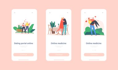 Randevu Portal Online Mobil Uygulama Sayfası Ekran Şablonu. Erkek ve Kadın Yürüyüşü, Sevgi İlişkileri, Birliktelik