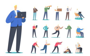 Erkek karakterler dizüstü bilgisayarda çalışır, akıllı telefondan sohbet eder, yere oturur, sandalye oturur, koşar ve aynada bakar, iş adamı