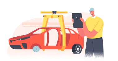 Otomatik Araba Üretiminin İşçi Erkek Karakteri Yönetme Süreci. Robotik El ile Araç Parçaları Makine Hattı