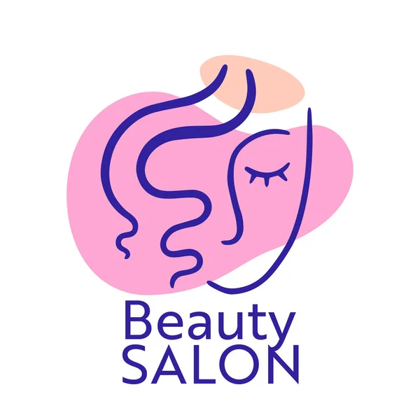 Schönheitssalon-Logo mit Frauengesicht und Haarlocken, isoliertem Emblem oder Etikett für Frauensalon, Friseurservice-Logotyp — Stockvektor