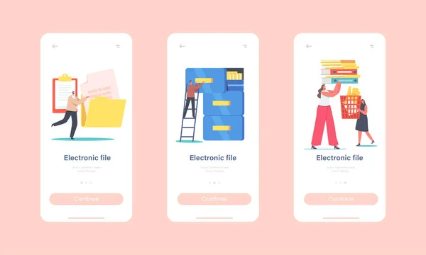 Electronic Files Organization Mobile App Page Modelo de tela a bordo. Personagens minúsculos no armazenamento de arquivos, banco de dados — Vetor de Stock