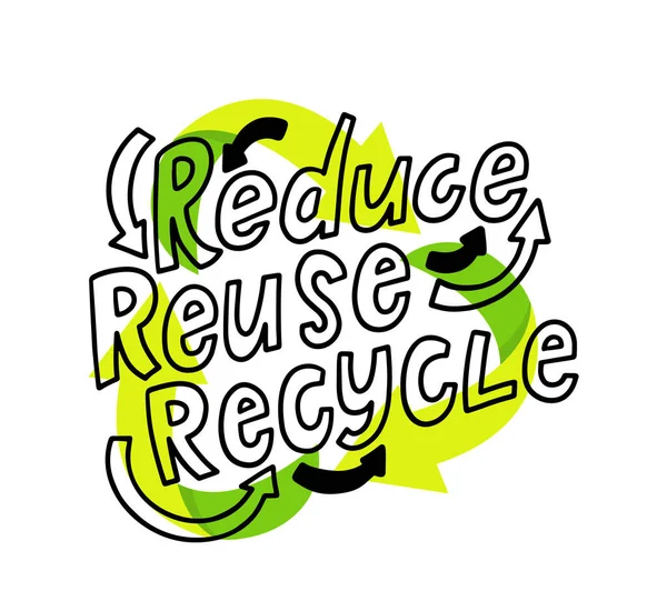 Reduce, Reuse, Recycle Lettering with Green Circulate Arrows, Recyclable Package Concept. Garbage Transformation — Stock Vector