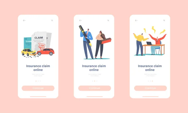 Ansök om försäkring Mobile App Page Onboard Screen Mall. Tiny Characters Karaktärer med stora frimärken och penna, Tvist — Stock vektor