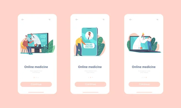 Página de aplicación móvil de medicina en línea Plantilla de pantalla a bordo. Pequeños pacientes utilizan la consulta médica a distancia a través de Internet — Archivo Imágenes Vectoriales