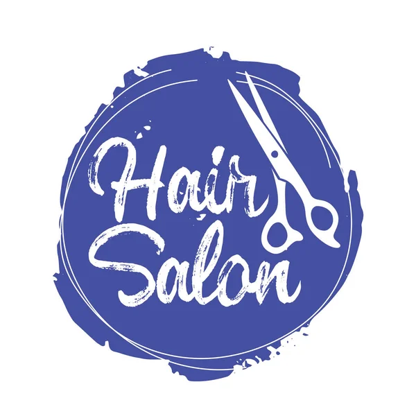 Emblema parrucchiere con forbici in Grunge Blue Circle, Icona o logo del servizio di bellezza, Etichetta isolata per barbiere — Vettoriale Stock