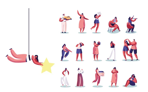 Set de Personajes Femeninos con Estrella de Oro, Panadero con Panadería, Arquitecto con Regla, Lavado de Cabello, Caja de Regalo Hold, Baile — Archivo Imágenes Vectoriales