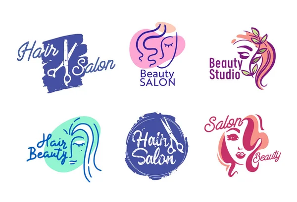 Conjunto de logotipo de peluquería o salón de belleza, Etiquetas aisladas para barbería, Emblemas o iconos del servicio de corte de pelo de salón de mujeres, Banners — Vector de stock