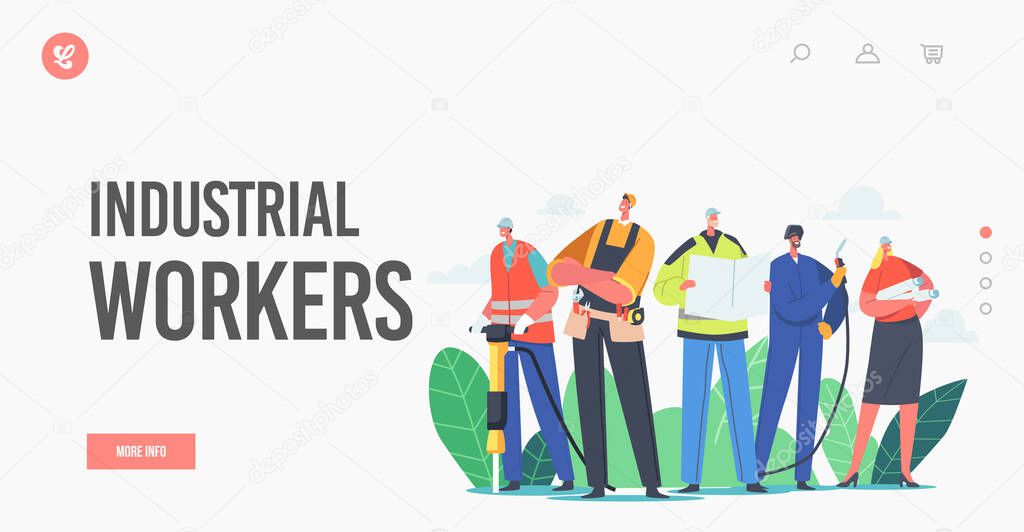 Industrial Workers Landing Page Template. Characters Team Builder, Engineer or Foreman with Tools and Blueprint
