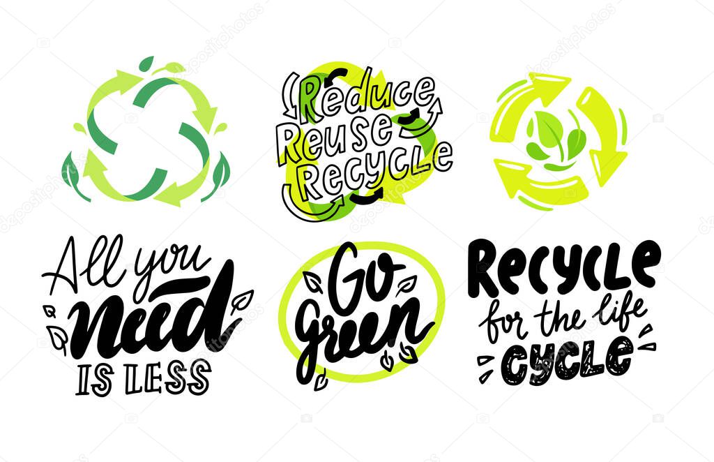 Set of Environmental Labels, Recyclable Triangle Sign, Compostable Waste, Biodegradable Garbage or Litter Logo, Icons Collection, Management of Trash, Re-create New Materials. Vector Illustration