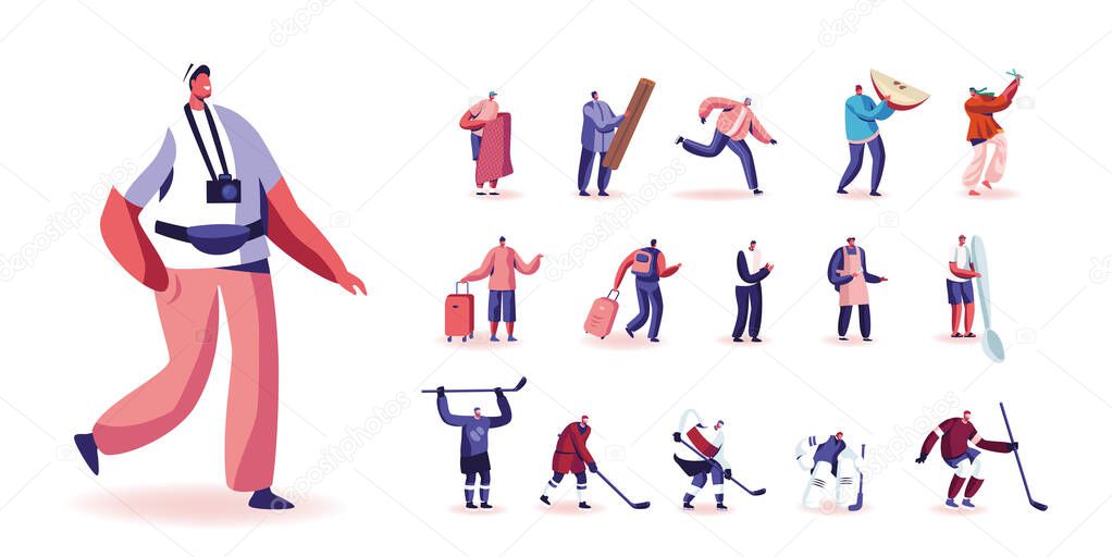 Set Male Characters Tourist with Photo Camera, Backpack and Luggage, Hockey Players in Uniform, Tiny Man with Huge Apple