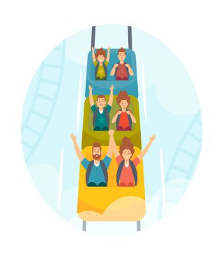 Lunaparkta hız trenine binen aile karakterleri. Hız treninde Heyecanlı Yetişkin Erkekler, Kadınlar ve Çocuklar