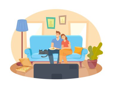 Evde televizyon izleyen genç bir çift. Erkek ve Kadın Karakterler Hafta Sonu Pizza ve Kediyle Birlikte Oturuyorlar