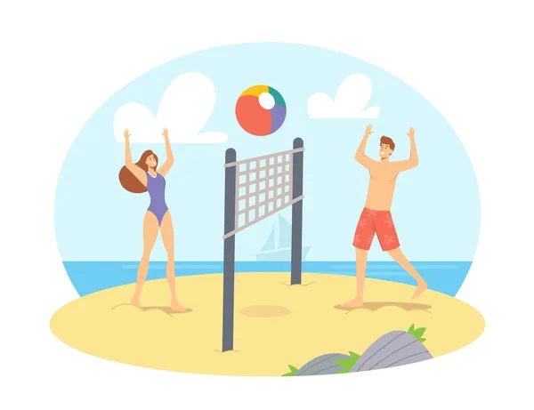 Young Couple Playing Beach Volleyball on Sea Shore Throw Ball to Each Other. Happy Family Wife and Husband Leisure — Stock Vector