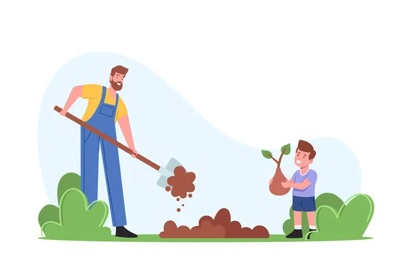 Фермери або коттеджери працюють в саду. Батько викопує ґрунт, саджає сина на землю, дбає про дерева — стоковий вектор