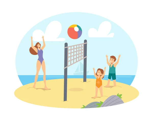 Семейный отдых, отпуск. Мать и дети играют в пляжный волейбол на берегу моря. Летний конкурс счастливых персонажей — стоковый вектор