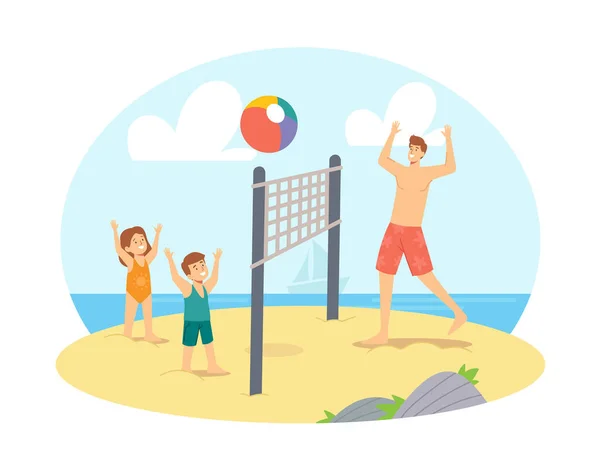 Padre e hijos jugando voleibol playa en la orilla del mar. Felices vacaciones en familia. Personajes papá y niños Juego — Vector de stock