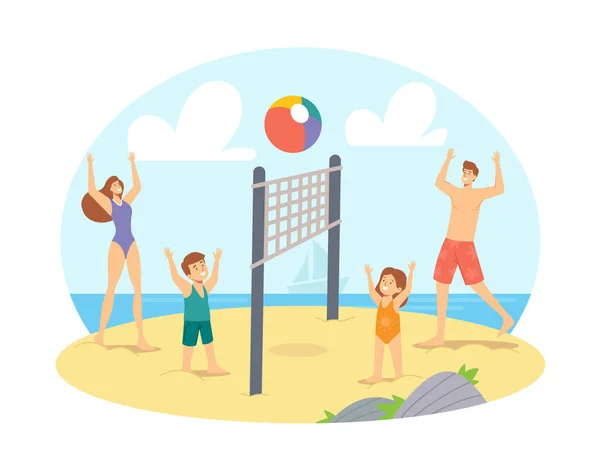 Padres e hijos jugando voleibol playa en la orilla del mar. Felices Personajes Familiares Competencia, Juego y Recreación — Vector de stock