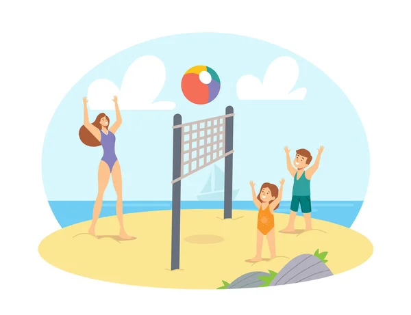 Familienfreizeit, Urlaub. Mutter und Kinder spielen Beachvolleyball am Meeresufer. Happy Characters Sommerwettbewerb — Stockvektor