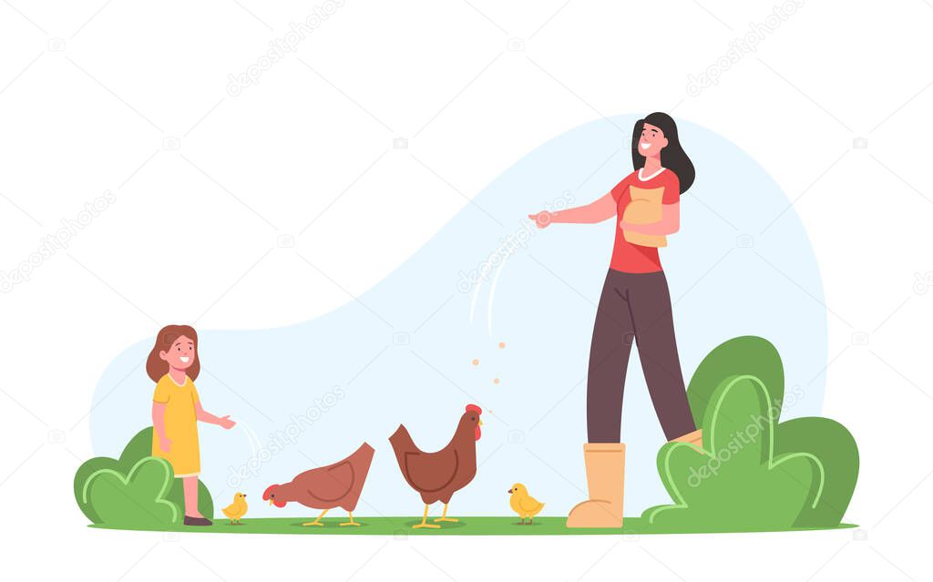 Young Mother with Little Daughter Feeding Fowl on Farm. Farmers Family or Villagers Work. Mom and Girl Care of Birds