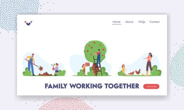 Farm Landing Page Şablonu 'nda Aile Birlikte Çalışıyor. Ebeveynler ve çocuklar bahçe işleri, ağaç dikme, hasat