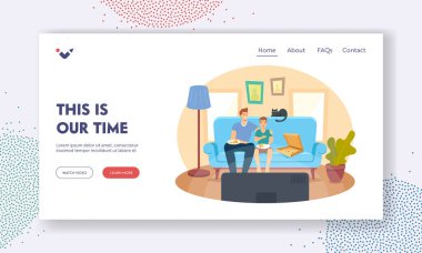 Mutlu Aile Karakterleri Ev Sineması Rahat İniş Sayfası Şablonu. Baba ve Oğul ve Pizza Koltuğa oturun ve film izleyin.