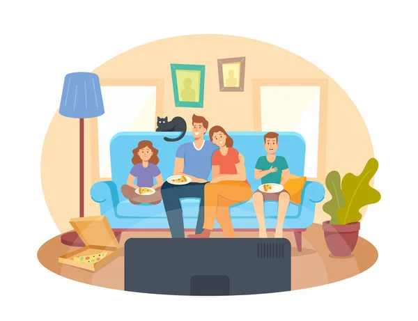 Home Cinema Concept. Happy Family TV kijken en eten pizza, kinderen en ouders personages zitten op de bank in het weekend — Stockvector
