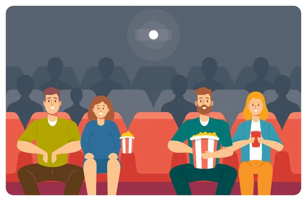 Χαρούμενα νεαρά ζευγάρια χαρακτήρες βλέποντας ταινία στο σινεμά. Νεαροί άντρες και γυναίκες με ποπ κορν και αναψυκτικό Soda — Διανυσματικό Αρχείο