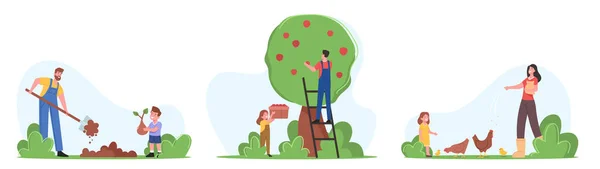 Familia en la granja. Trabajo de Jardinería de Padres y Niños, Plantación y Cuidado de Árboles, Cosecha de Cultivos, Alimentación de Aves de corral en el Jardín — Vector de stock