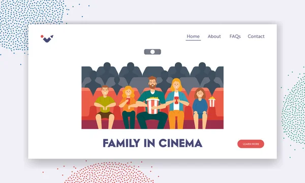 映画ランディングページテンプレートのファミリーキャラクター。母、父、娘、息子とポップコーン映画を楽しむ — ストックベクタ