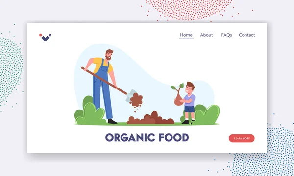 Organic Food Landing Page Template. Bauern oder Cottagers arbeiten im Garten. Vater gräbt Erde um, Sohn pflanzt Sprossen — Stockvektor