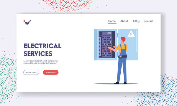 Electrical Services Landing Page Template. Energy and Electrical Safety. Electrician Character Examine Working Draft