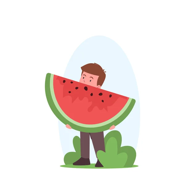 Pequeño Niño sosteniendo pedazo de sandía, Niño personaje comiendo frutas de verano, Nutrición saludable, Bebé disfrutando de bocadillos — Vector de stock