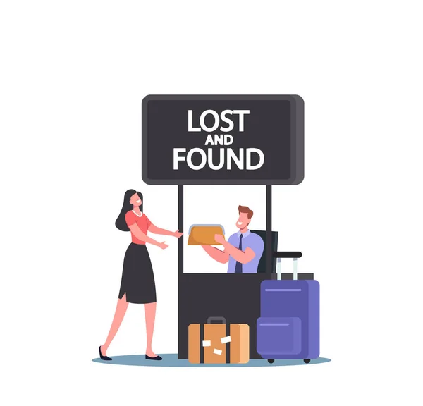 Personagem Feminino viajante Reivindicar seu saco em Lost and Found Bagagem Escritório no Aeroporto. Feliz Passageiro Perder Bagagem — Vetor de Stock