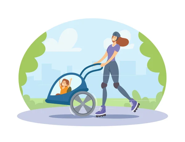 Young Roller Woman with Child in Stroller Riding in City Park. Active Family Enjoying Ride Open Air. Healthy Lifestyle