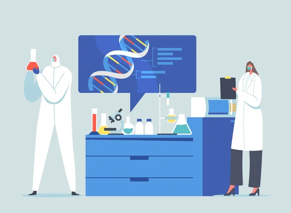Vědci Charakteristika Výzkum Práce ve vědecké laboratoři. Medicína, genetické testování. Genetici s DNA — Stockový vektor