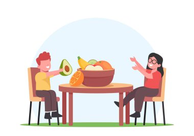 Meyve Yiyen Çocuklar, Küçük Çocuk Karakterleri Bir Kase Çiğ Meyve Bahçesi Elması, Avokado, Portakal, Kivi