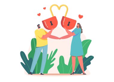 Sevgi dolu çift, büyük kırmızı kalp kilidi taşıyor. Mutlu İlişkiler, Sevgiler, Romantik İlişkiler. Yeni evliler birlikte vakit geçiriyorlar.