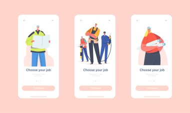 Görev Mobil Uygulama Sayfası Ekran Şablonunu Seç. Endüstriyel İşçi Karakterleri İnşa, Mühendis ve Mimar