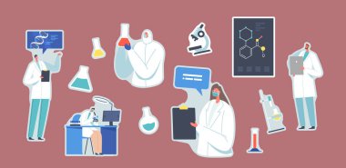 Bir dizi Çıkartma Bilimsel Laboratuar Araştırması. DNA ile çalışan, mikroskopla inceleyen bilim adamları
