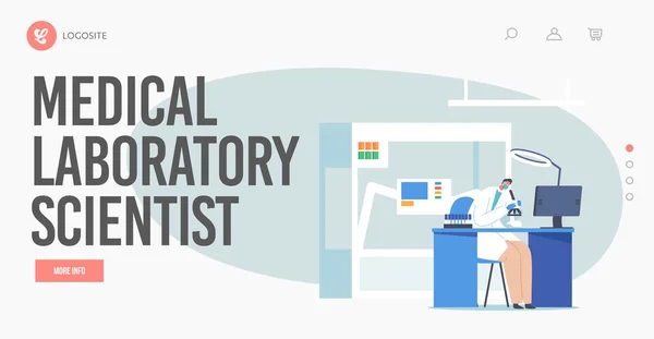 Ιατρικό Εργαστήριο Επιστήμονας Προσγείωση Πρότυπο σελίδας. Χαρακτήρας Εργάζεται στο Εργαστήριο Χημείας Κοιτάζοντας στο Ηλεκτρονικό Μικροσκόπιο — Διανυσματικό Αρχείο