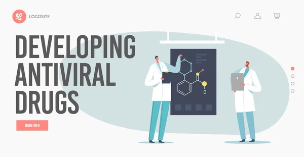 Desenvolvendo Antiviral Drug Landing Page Template. Personagens de cientistas explicam fórmula química na tela em laboratório —  Vetores de Stock