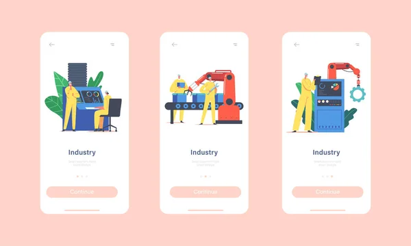 Industri Mobilapp Page Onboard Screen Mall. Monteringslinje med robotvapen, Fabriksarbetare Automatiserad produktion — Stock vektor