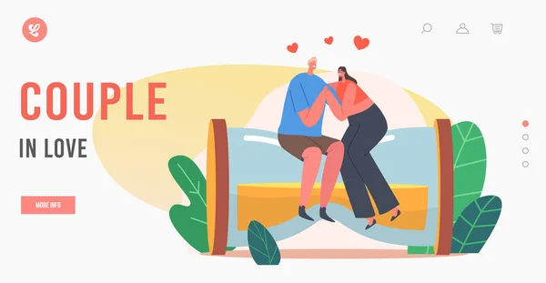 Пара в шаблоне любовной высадки. Счастливые любящие мужчина и женщина держатся за руки, обнимаясь на огромных хоругвях — стоковый вектор