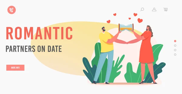 Романтические партнеры на сайте Date Landing Page Template. Любящие парочки держат песочные часы, проводят время вместе. Персонажи в любви — стоковый вектор