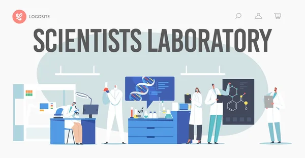 Modèle de page d'atterrissage pour la recherche scientifique en laboratoire. Scientifiques Personnages travaillant avec l'ADN, en regardant au microscope — Image vectorielle