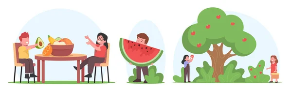 Los niños que comen y cosechan frutas, los personajes de los niños recogen manzanas, se sientan a la mesa con un tazón de frutas frescas del huerto — Archivo Imágenes Vectoriales