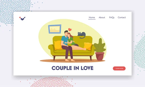 Verliebtes Paar Landing Page Template. Charaktere Dating, Freizeit. Liebevolle Menschen umarmen sich zu Hause auf der Couch — Stockvektor