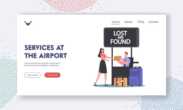 Luchthaven Service Landing Page Template. Traveler Vrouw Claim Bag in Gevonden voorwerpen Kantoor. Passagiersbagage — Stockvector